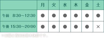 午前   8:30～12:30 午後 15:30～20:00 土曜午後休診　※日曜と祝日は基本休診です。